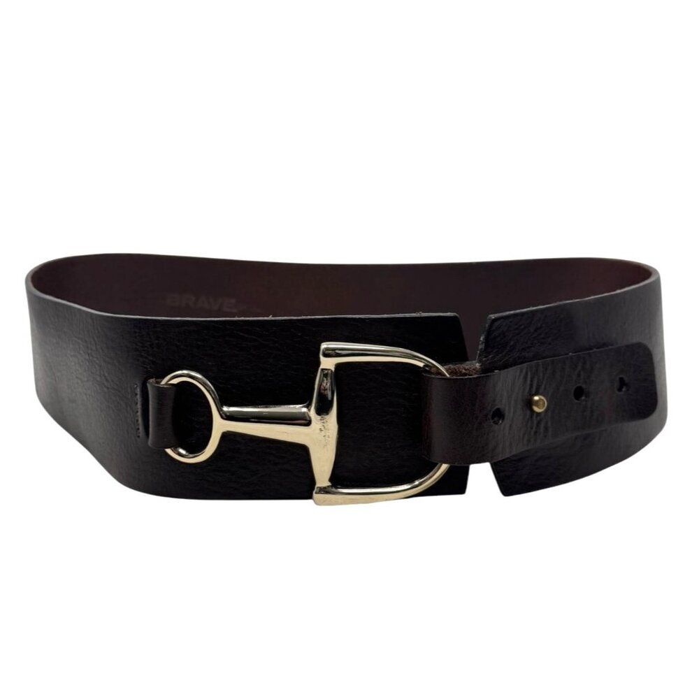 Wide Black Leather Belt with Gold Bit Buckle